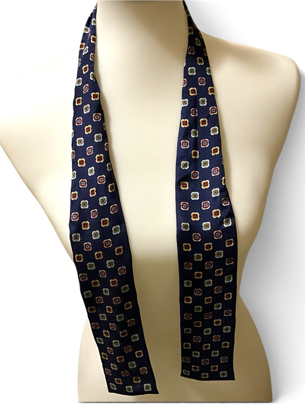 Vintage 100% Silk Skinny Scarf Navy Geometric Made in Japan RN 62720